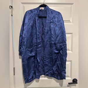 Golden Bee Robe Kimono China Blue Floral Flower Silk Satin Asian Chinese Gown